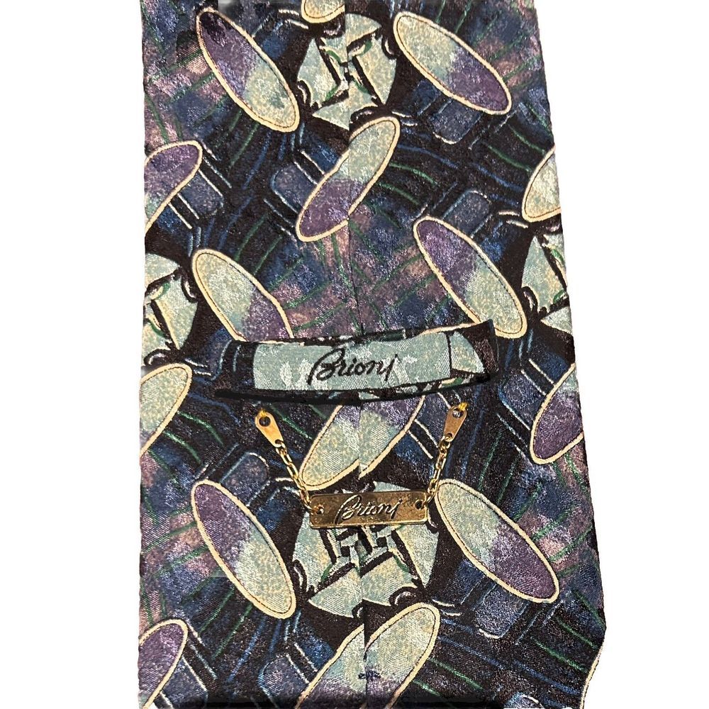 Brioni Necktie Vintage Mens Multicolor Silk Abstract Italy Gold‎ Chain - Picture 2 of 13